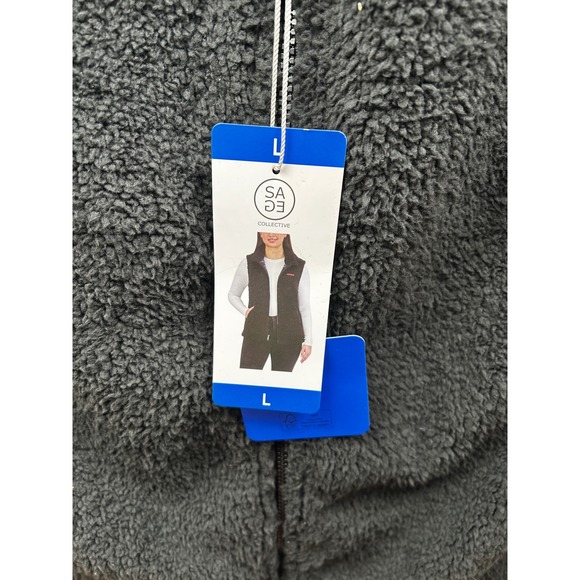 Sage Collective Black Sherpa Fleece Zip Up Vest Size L Plaid Lined Pockets - Picture 4 of 10